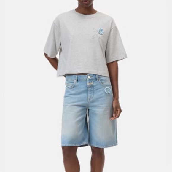 Closed Tops - Closed Limited Edition Cropped Tee with Blue Crochet Floral Accent NWT